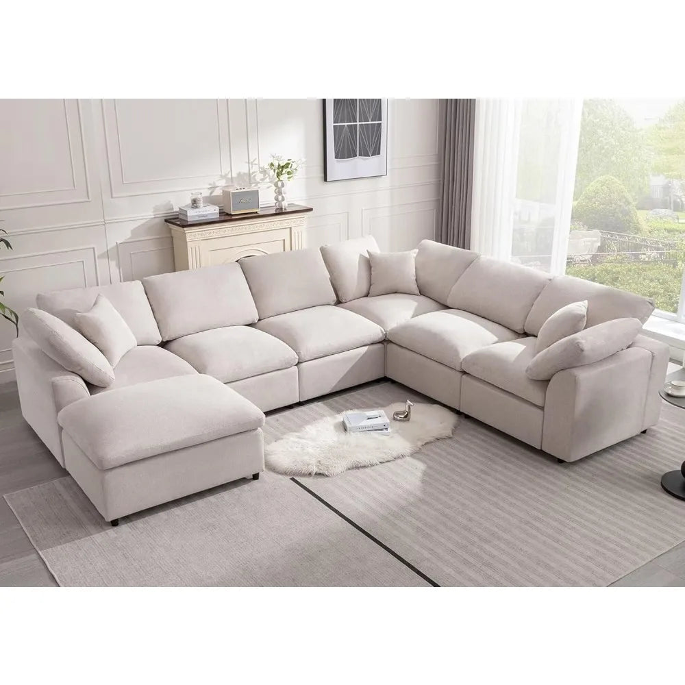 Sofa Modern Oversized Cloud Couch with Movable Ottoman 7 Seater L-Shaped Sofas Comfy Couches for Living Room