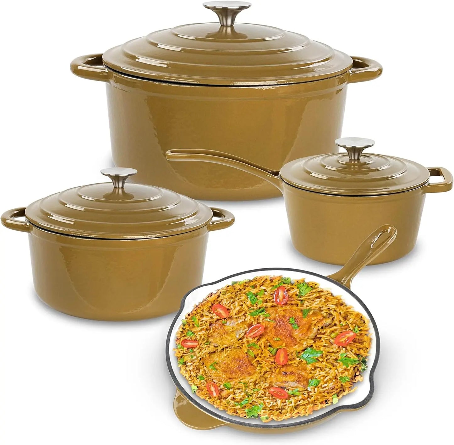 Enameled Cast Iron Cookware Set 7 Piece Non-Stick Ceramic Coated Cast Iron Skillet Saucepan and Dutch Oven Stove