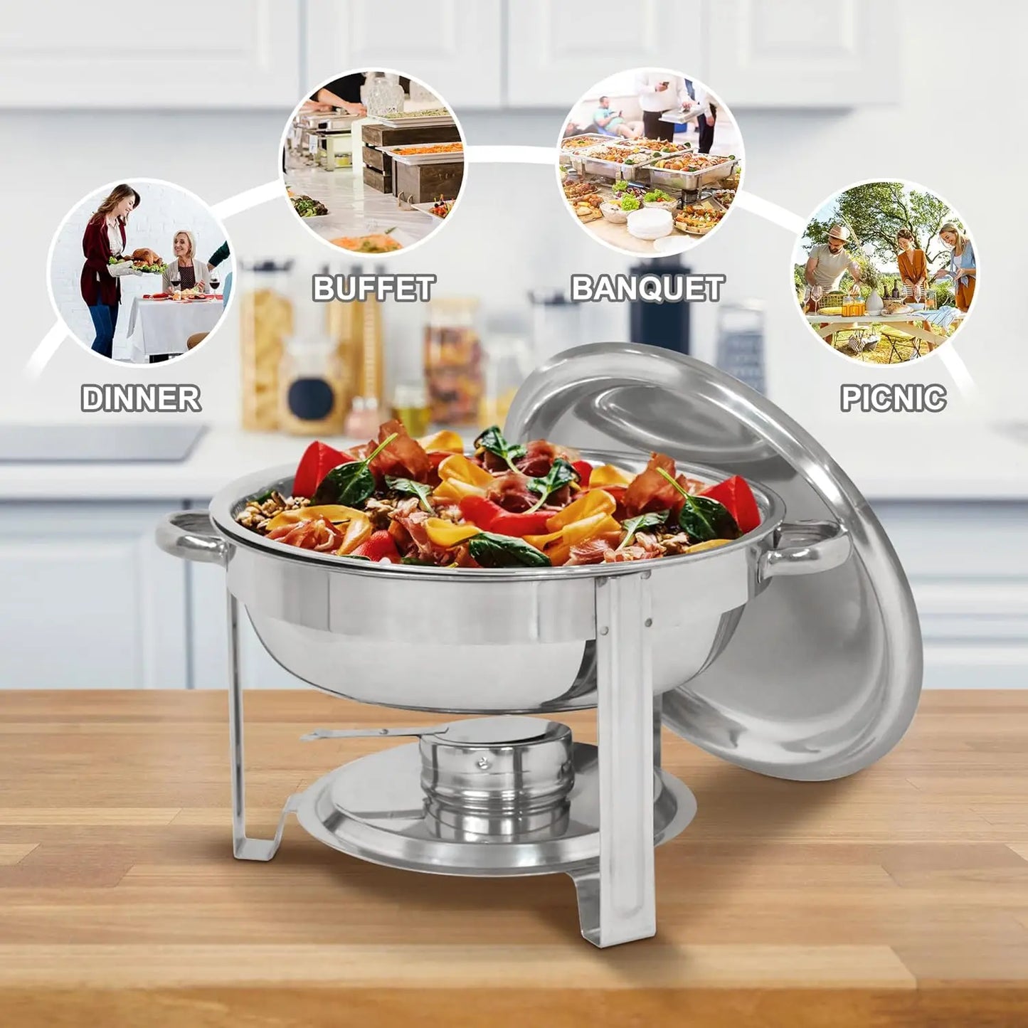 SUPER DEAL Upgraded 5 Qt Full Size Stainless Steel Chafing Dish Set of 8 Pack Round Chafer Buffet