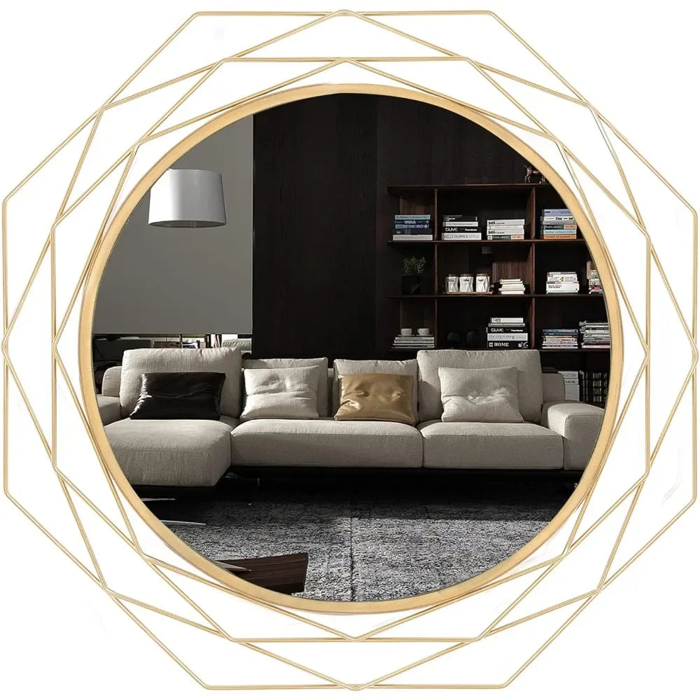 Gold Bathroom Circle Mirror Personality Geometric Decorative Mirror for Living Room, Bedroom