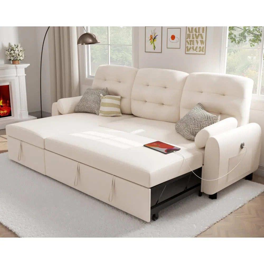 Sectional Sofa Couch, Sleeper Sofa Bed with Reversible Storage Chaise Pull Out Couch for Living Room  Side Pocket