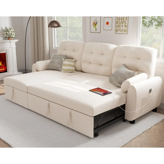 Sectional Sofa Couch, Sleeper Sofa Bed with Reversible Storage Chaise Pull Out Couch for Living Room  Side Pocket