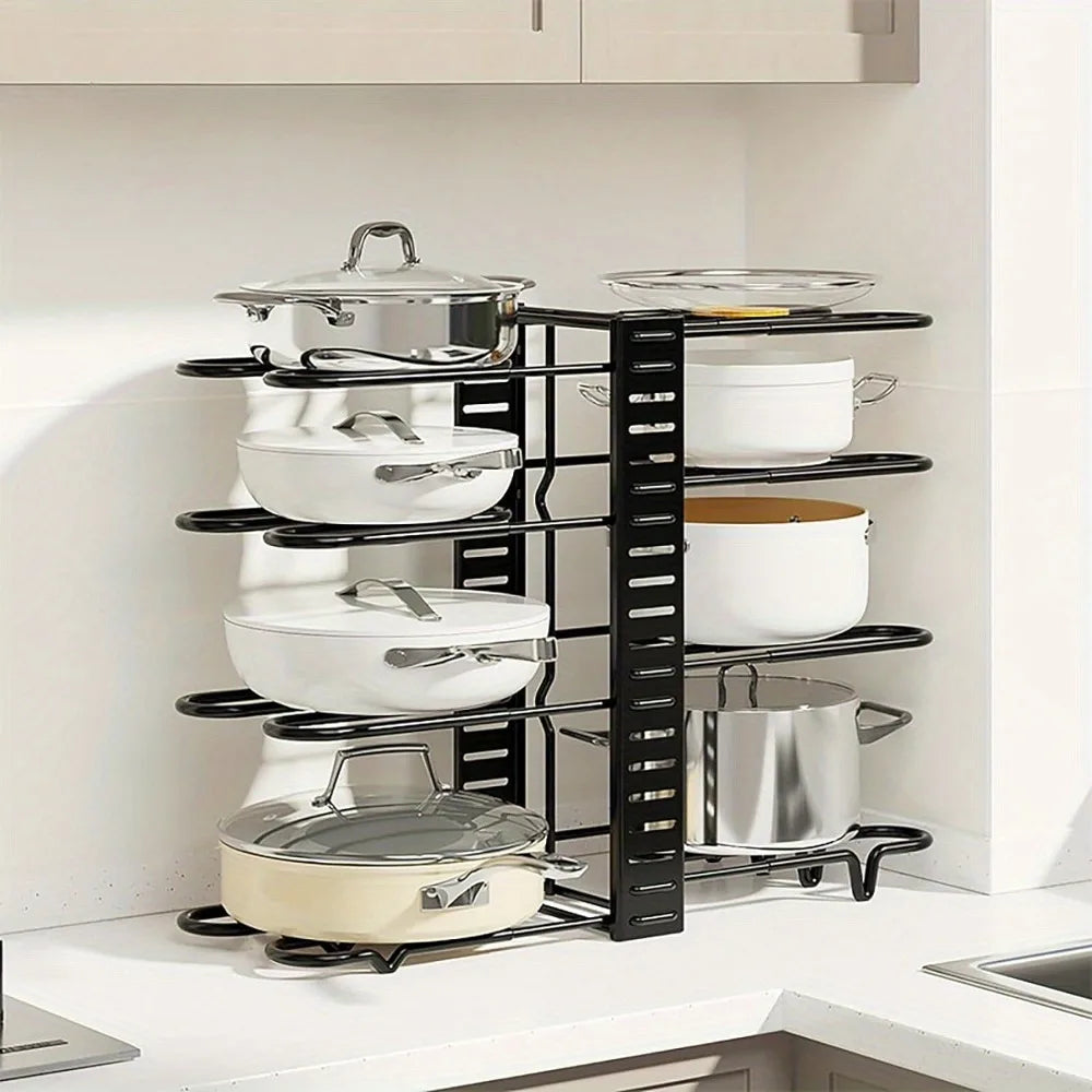 Adjustable Kitchen Pot Rack Organizer Heavy Duty Pan and Pot Holder, Space-Saving Metal Shelf for Cabinet and Countertop Storage