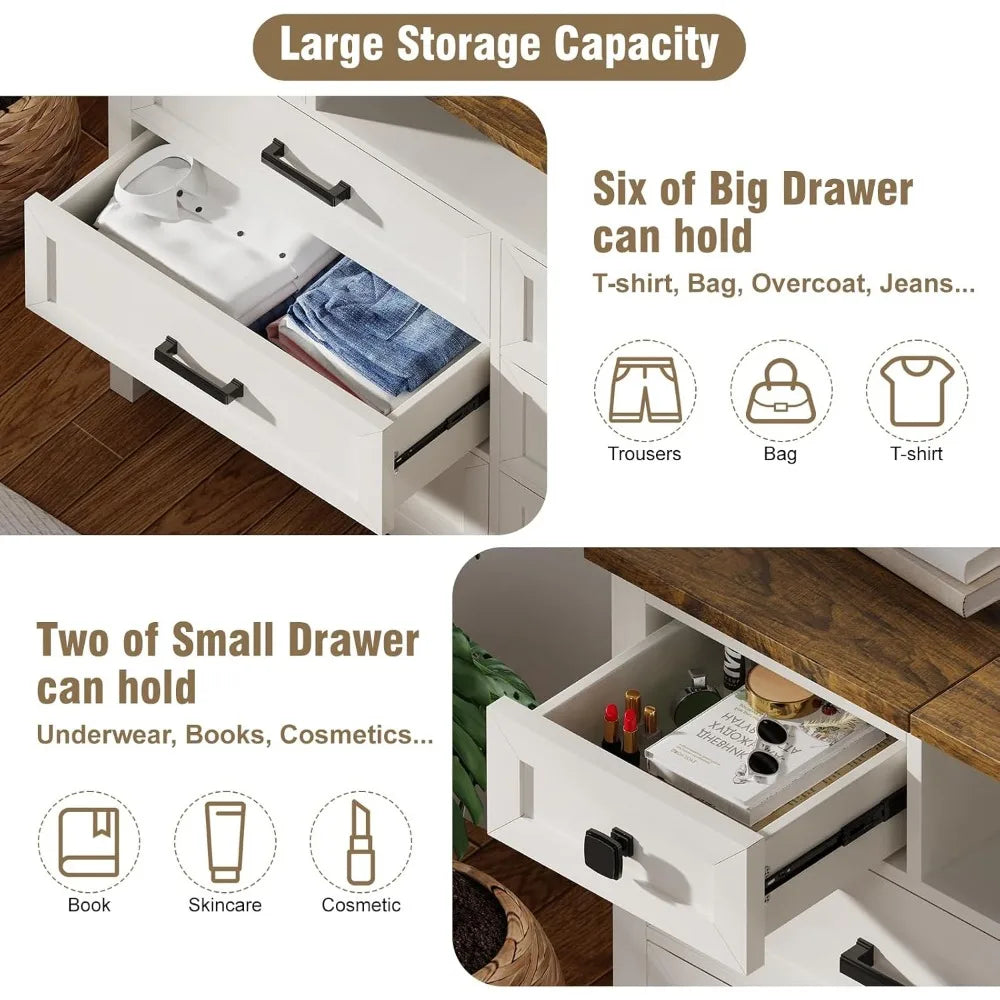 Dresser, Bedroom Dresser with LED Mirror, 8 Drawers with Charging Station,