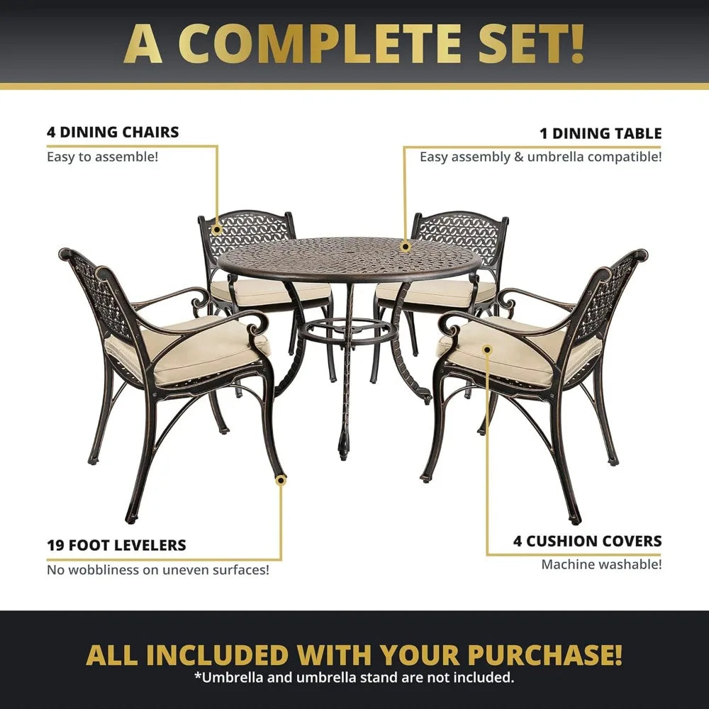 Aluminum Outdoor Dining Set for 4 with Cushions - Elegant Round Patio Table and Chairs