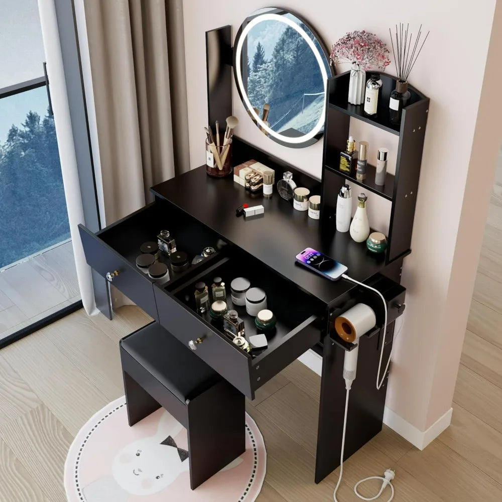 Table and Soft Cushion Stool Set,  Adjustable Brightness, Desktop, Multi-layer High Capacity Storage