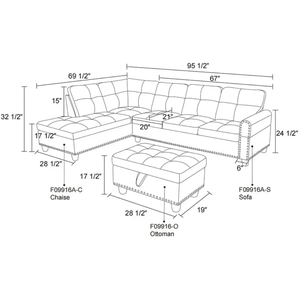 Sofas with Storage Ottoman and Cup Holders, Wide Convertible Upholstered Couch, L Shaped Sofas