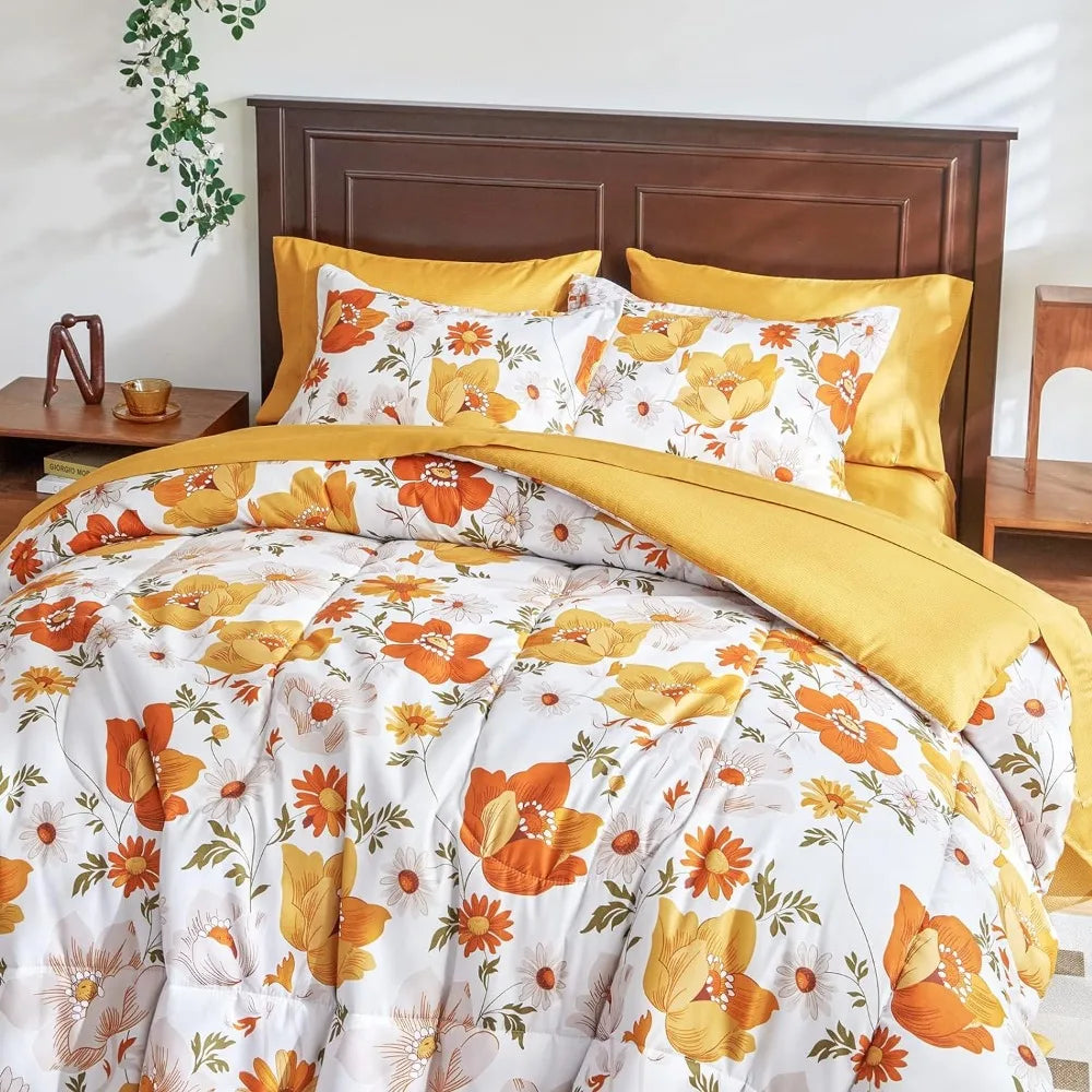 Orange Bed in A Bag 7 Pieces, Comforter Sheet Set, Microfiber Bedding Set, Queen