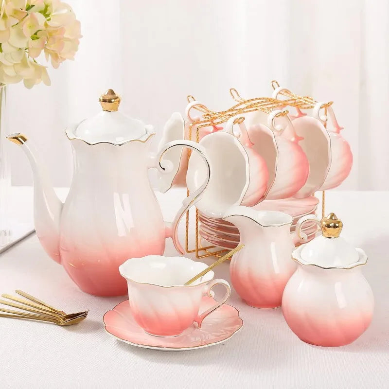 White Porcelain Tea Set for 6, Luxury British Style Tea/Coffee Cup Set with Golden Trim, Beautiful Tea Set for Women,