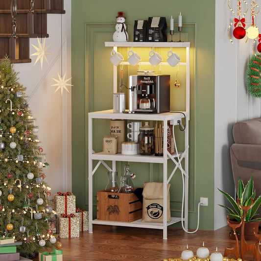 Kitchen Bakers Rack with Power Outlet & LED Lights 4 Tiers Microwave Stand with 8 Hooks Coffee Station