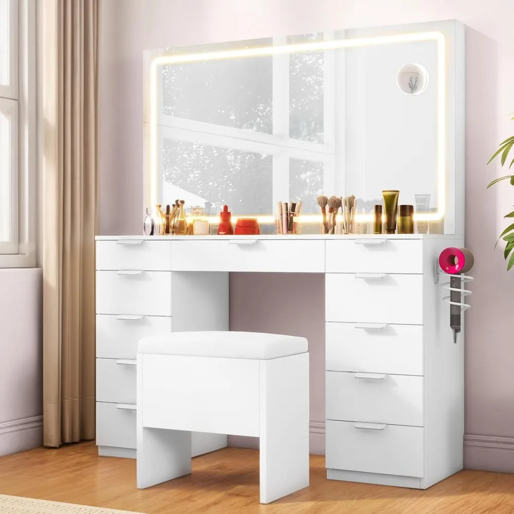 Makeup Vanity Desk Set ，with Mirror, Glass Tabletop, 11 Drawers, Power Strip, Hair Dryer Rack, and Storage Stool for Bedroom