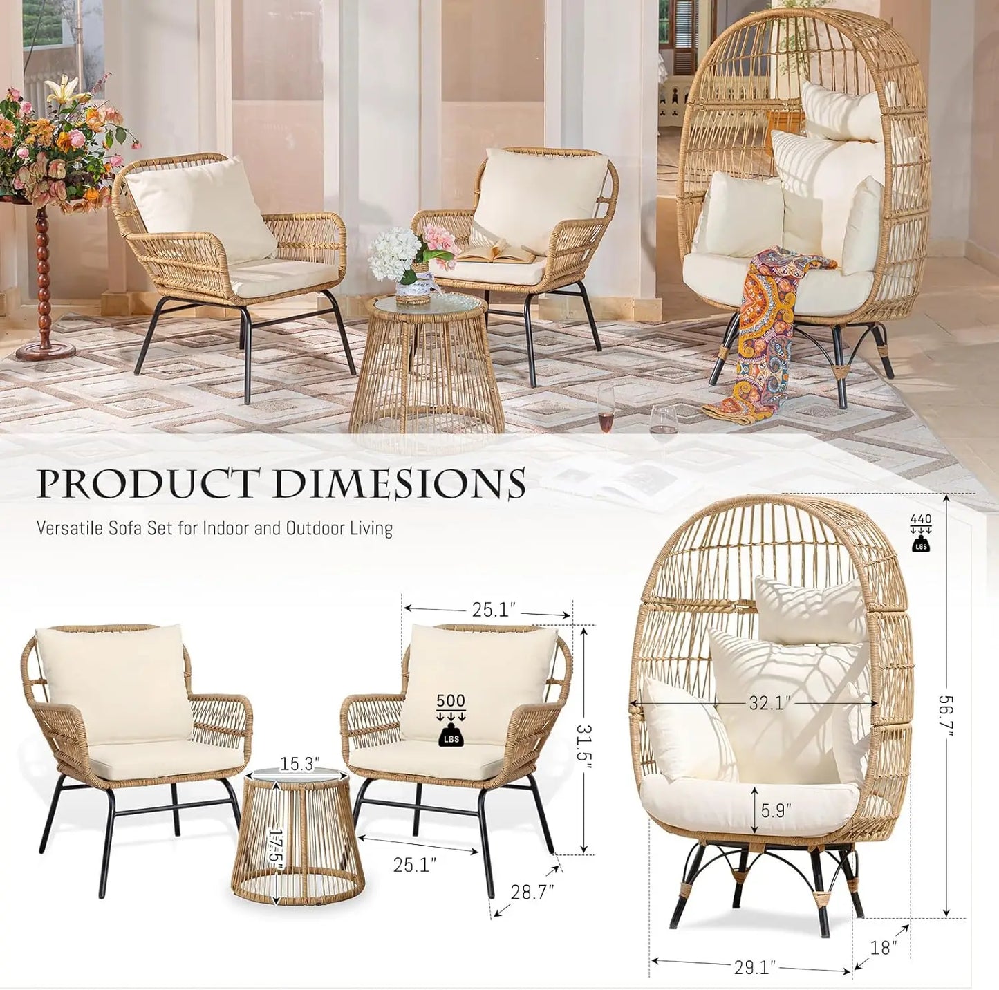 Furniture Outdoor Bistro Chair Set with Large Egg Chair and Round Tempered Glass Table, Great