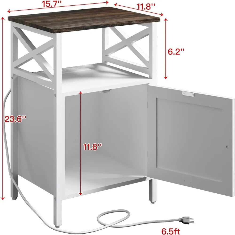 End Table with Power Outlet & USB Ports, Nightstand with 2 Tiers Storage Space and Storage Cabinet, Sofa Side Tables for Bedroom