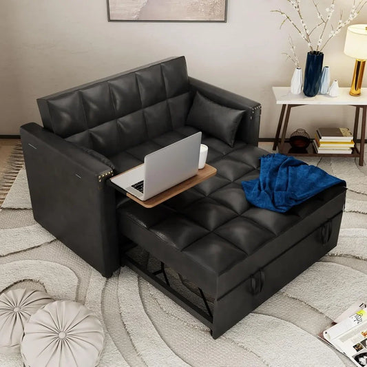 Convertible Sofa Bed, 3-in-1 Multi-Functional Faux Leather Sleeper Couch