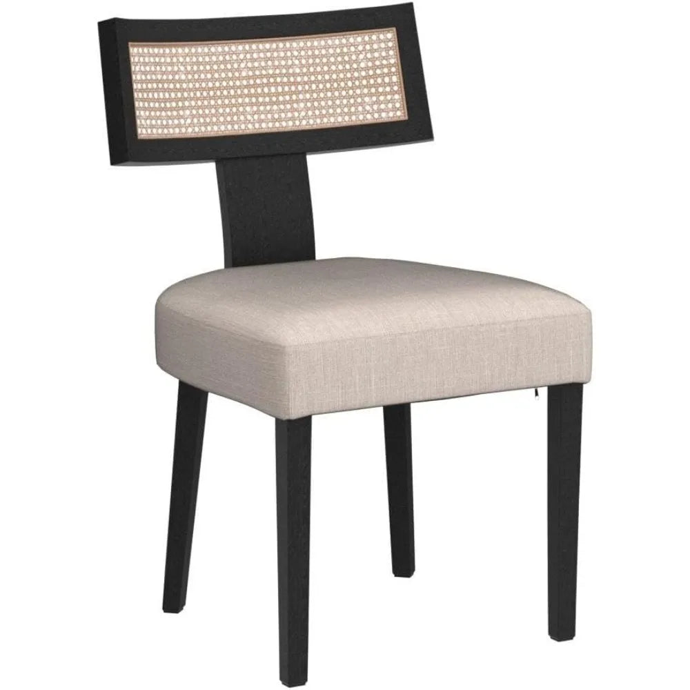 Mid Century Modern Rattan Dining Chairs Set of 4, Farmhouse Linen Upholstered Accent Chair Curved Backrest Kitchen Chairs, with