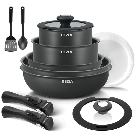 Nonstick Pots and Pans Set with Removable Handles, for All Hobs, Stackable Design for RV
