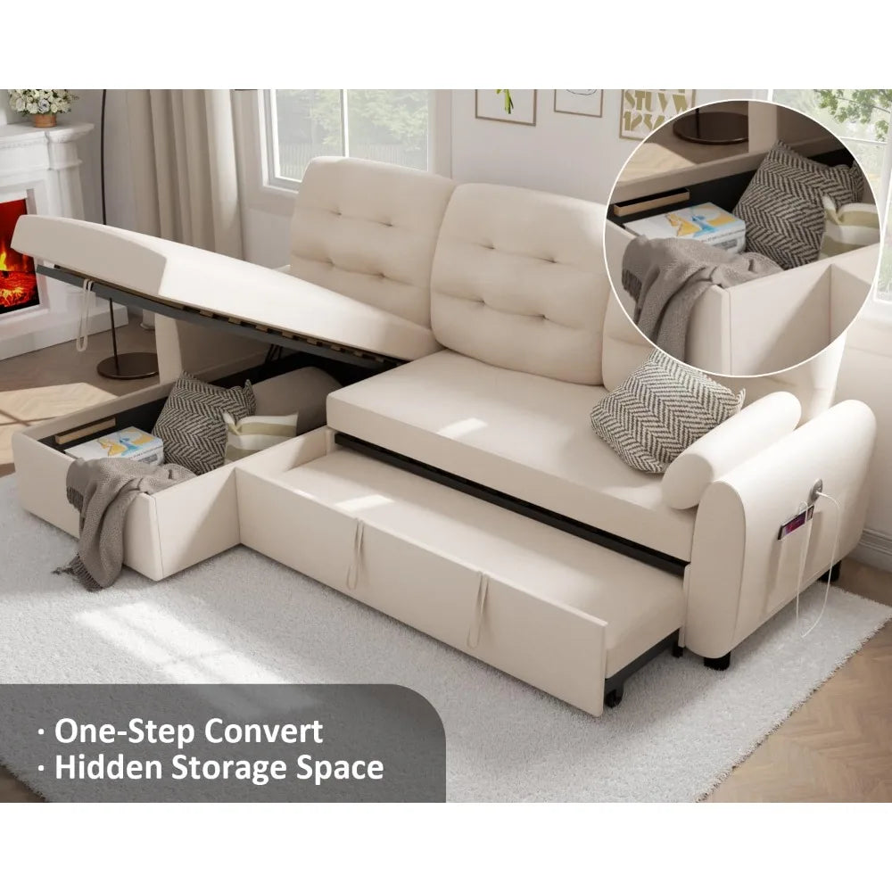 Sectional Sofa Couch, Sleeper Sofa Bed with Reversible Storage Chaise Pull Out Couch for Living Room  Side Pocket