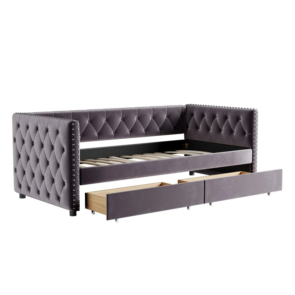 Modern velvet upholstered sofa bed with button tufted sofa bed frame with double drawers,