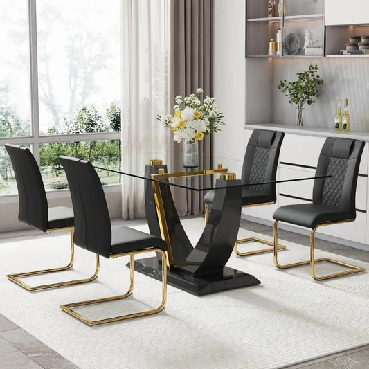 Dining Room Sets,  Glass Table Set for 4, Top Thick 0.39",5 Piece with 4 Pcs Leather Dining Chairs, Dining Room Sets