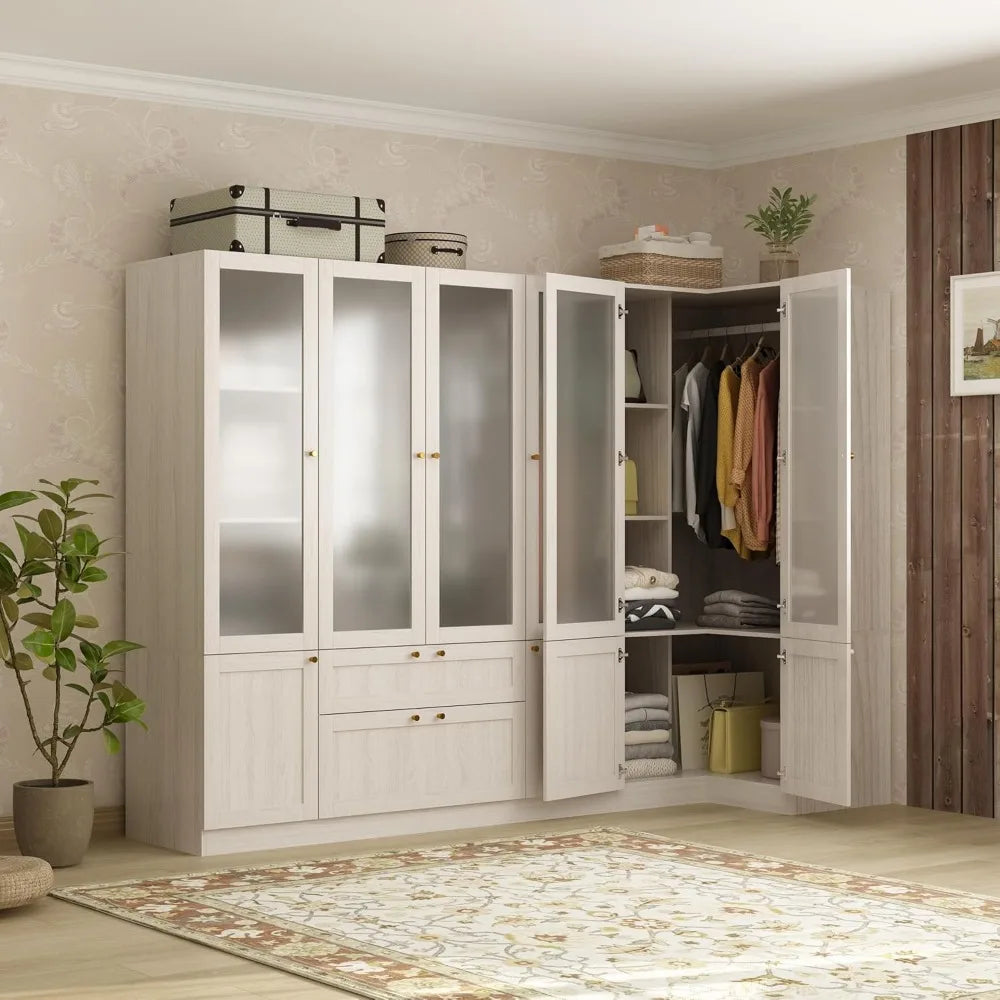 Large L-shaped wardrobe with 6 frosted glass doors,hanging poles, shelves,