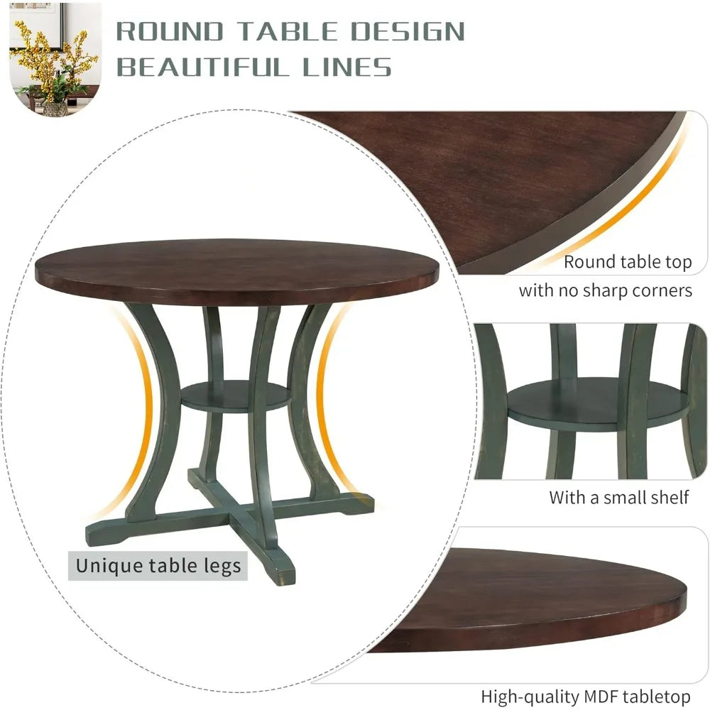 Round Dining Table and Chair Set, Round Table with Shelf