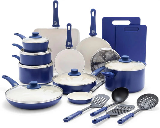 23 Piece Kitchen Cookware Pots and Frying Saucepans Set, Healthy Ceramic Nonstick PFAS and PFOA-Free, Dishwasher