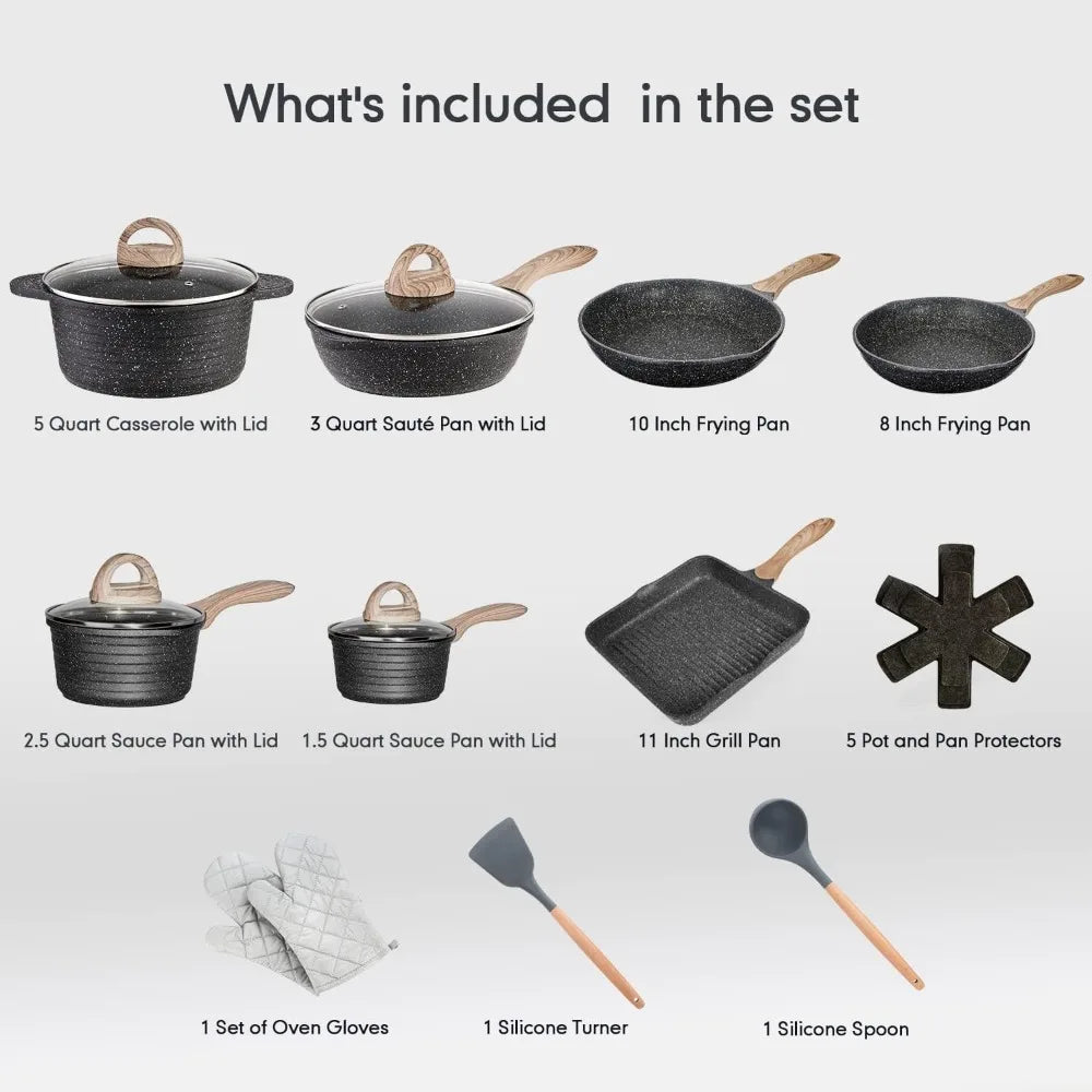 JEETEE Pots and Pans Set Nonstick 20PCS, Granite Coating Induction Compatible with Frying Saucepan, Sauté Pan, Grill Cooking Pot