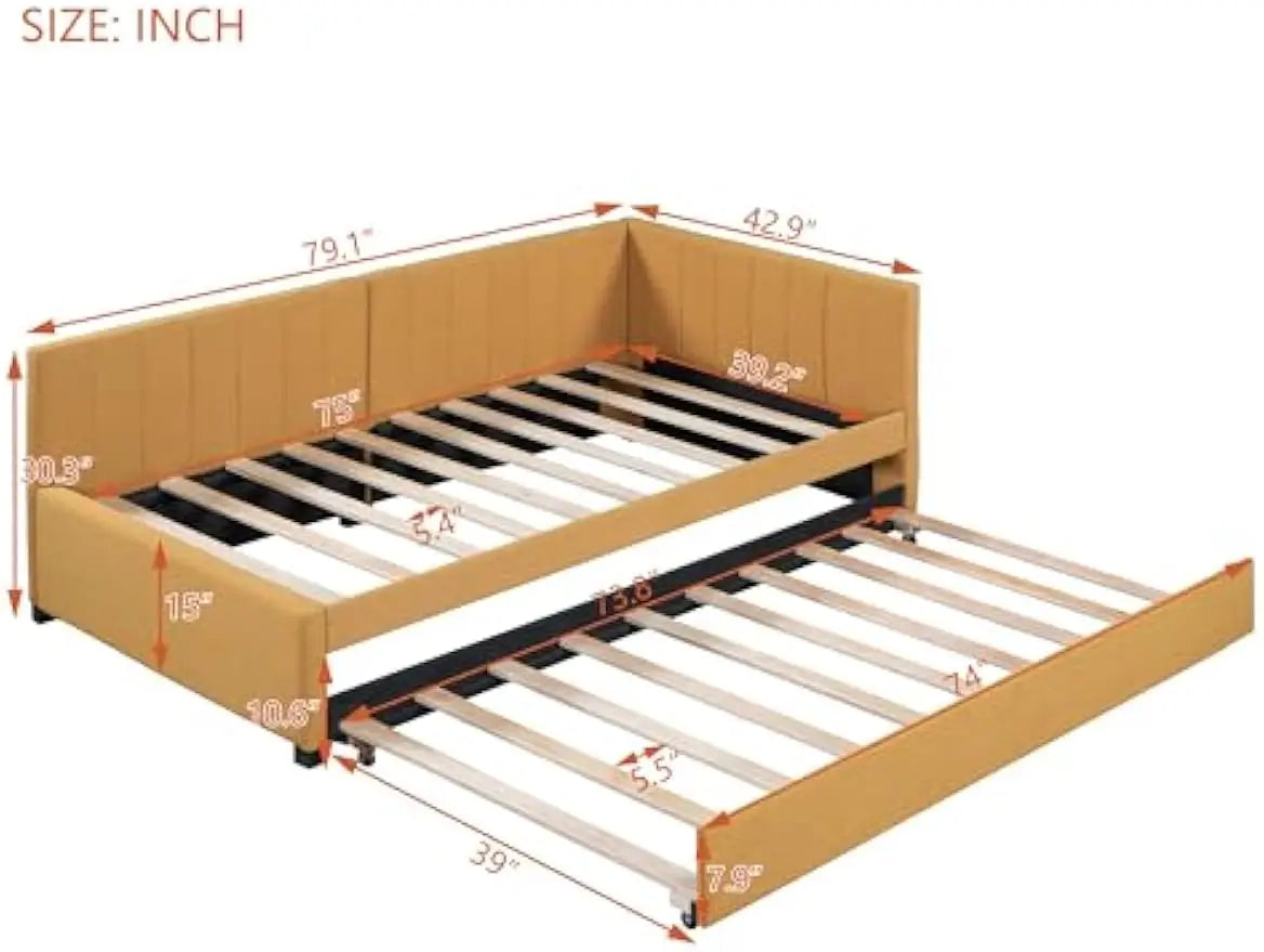 Twin Size Daybed with Twin Trundle Bed, Upholstered Bed Frame Linen Fabric Sofa Bed