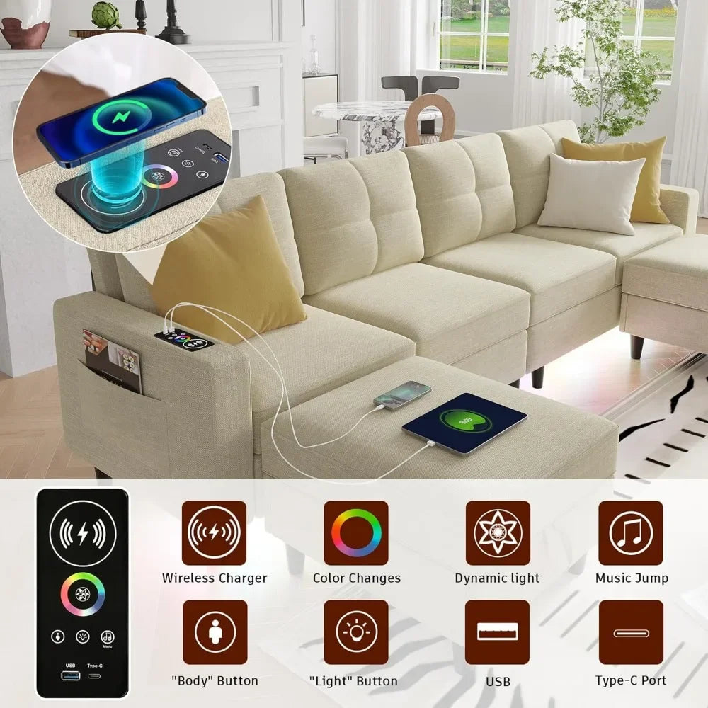 LED Sectional Couches for Living Room, Modular Sectional Sofa Set with Storage