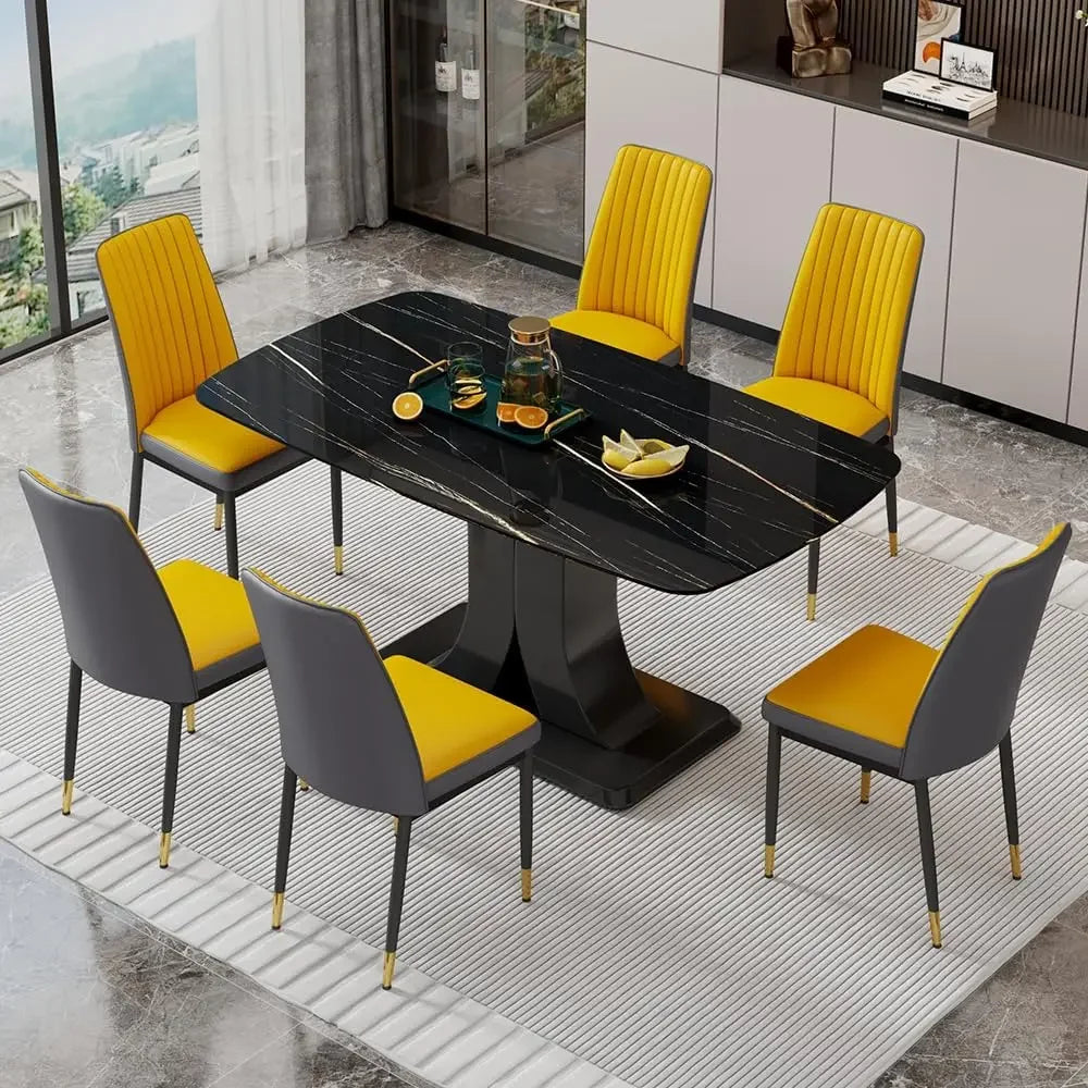 Dining Table Set, Marble Kitchen Tables Chair Set for 6, Tables with 6 Pu Leather Upholstered Chairs, Dining Table Set