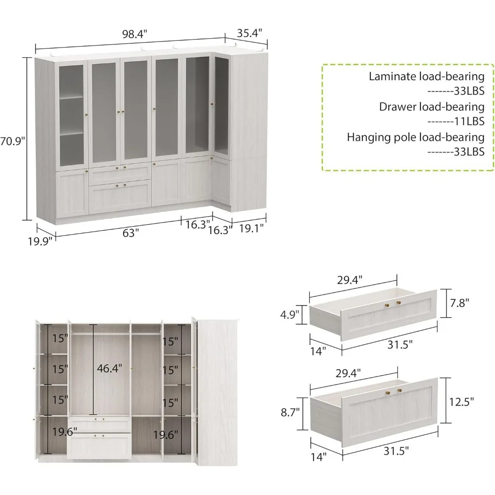 Large L-shaped wardrobe with 6 frosted glass doors,hanging poles, shelves,