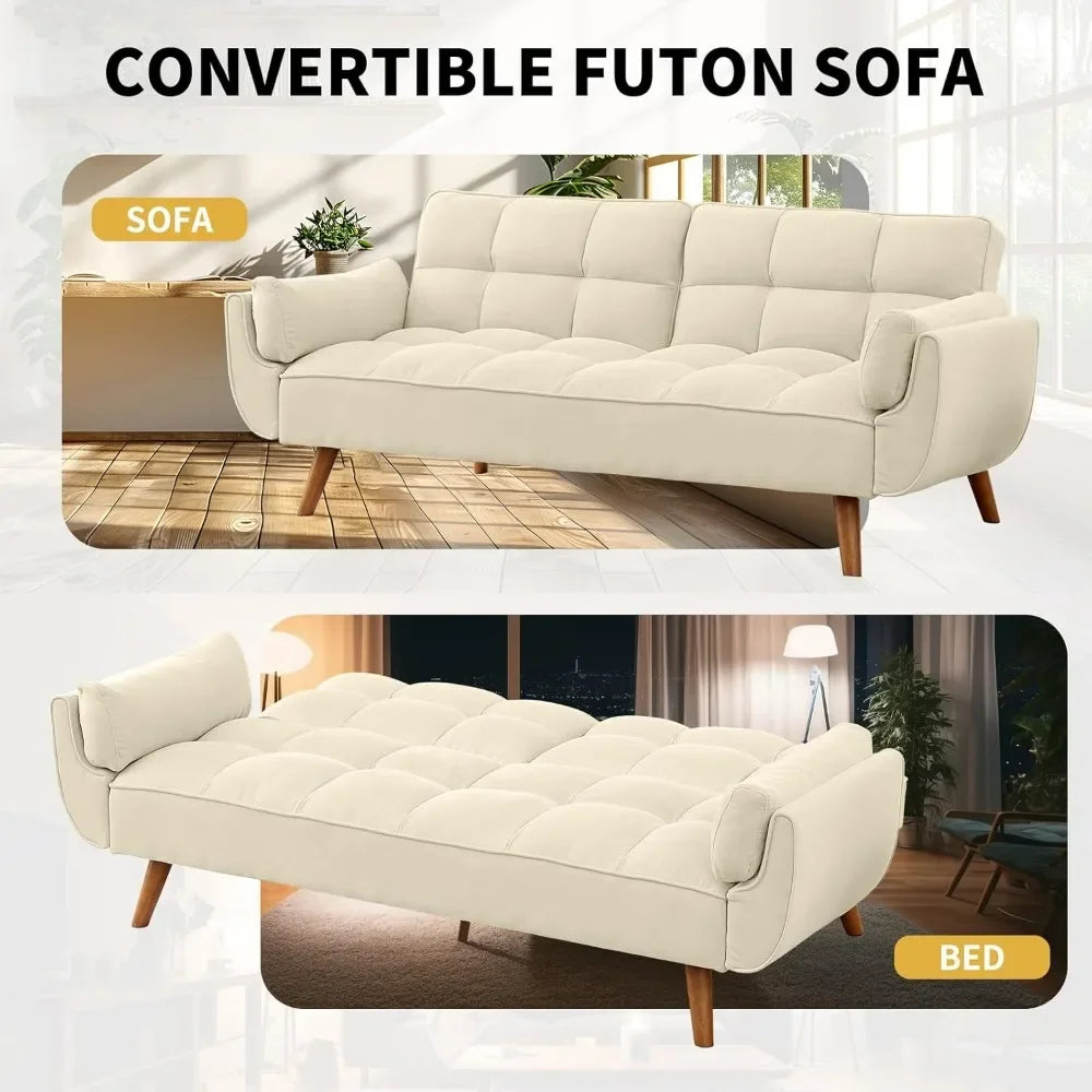 Tufted Sofa Convertible Futon Sofa Bed with Adjustable Backrests and Solid Wood Legs for Living Room, Bedroom