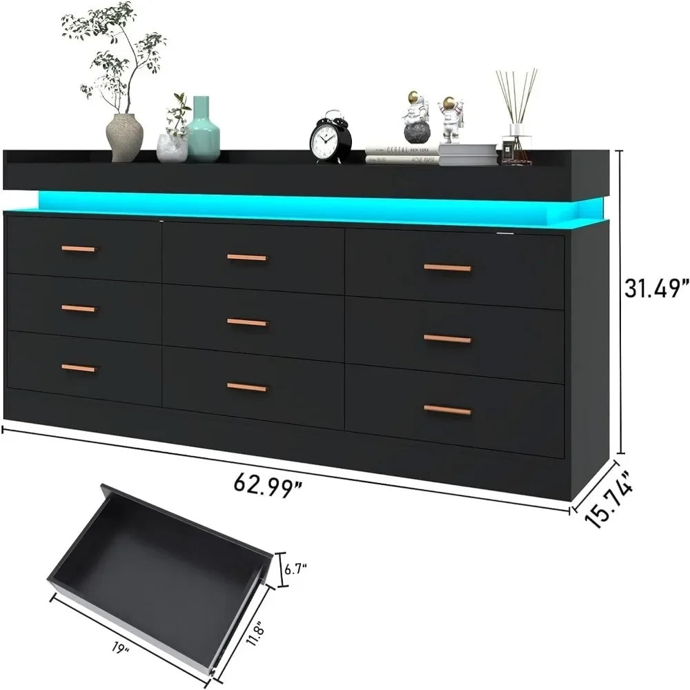 Modern Dresser 9 Drawer with LED Light,Wide Drawer Organizer Cabinet for Bedroom