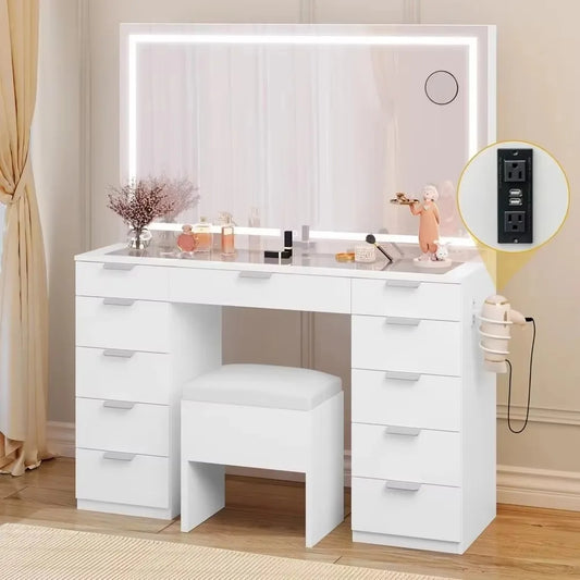 Makeup Vanity Desk Set ，with Mirror, Glass Tabletop, 11 Drawers, Power Strip, Hair Dryer Rack, and Storage Stool for Bedroom