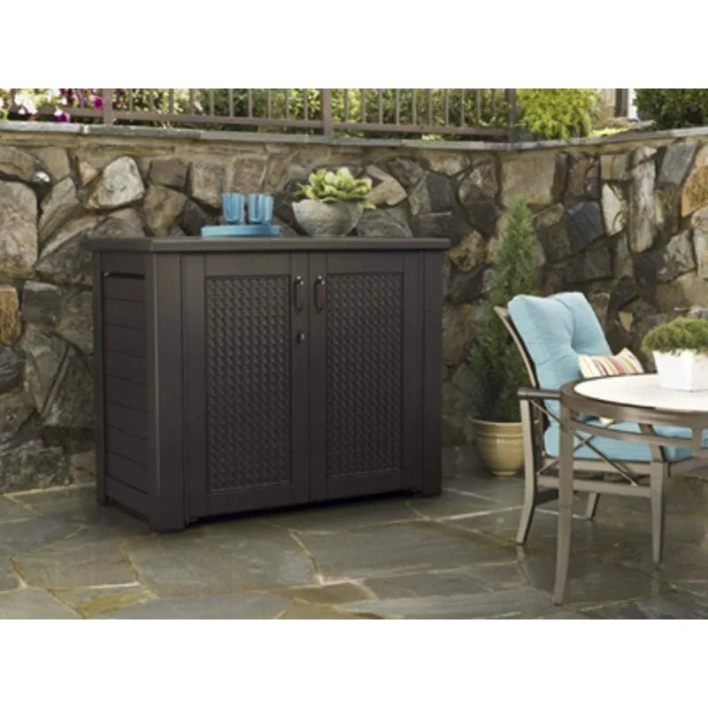 Rubbermaid Extra Large Decorative Patio Storage Cabinet Weather Resistant 123 Gal Dark Teakwood for Garden Backyard Home Pool