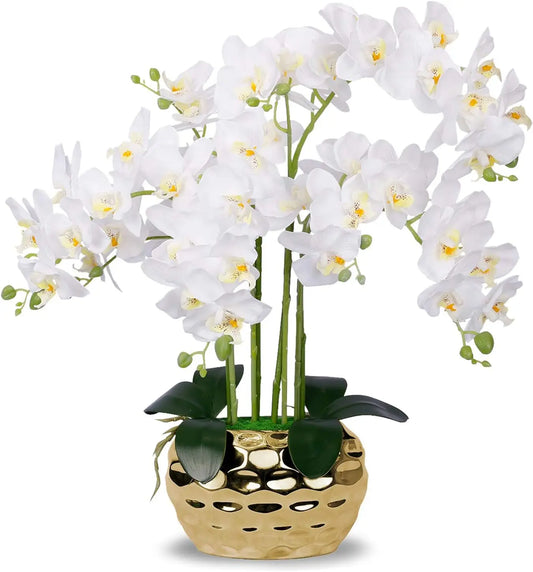 Artificial Orchid in Gold Vase White Silk Faux Orchid Plant in Gold Pot Fake Flower Arrangement Flowers forDecoration Home Decor