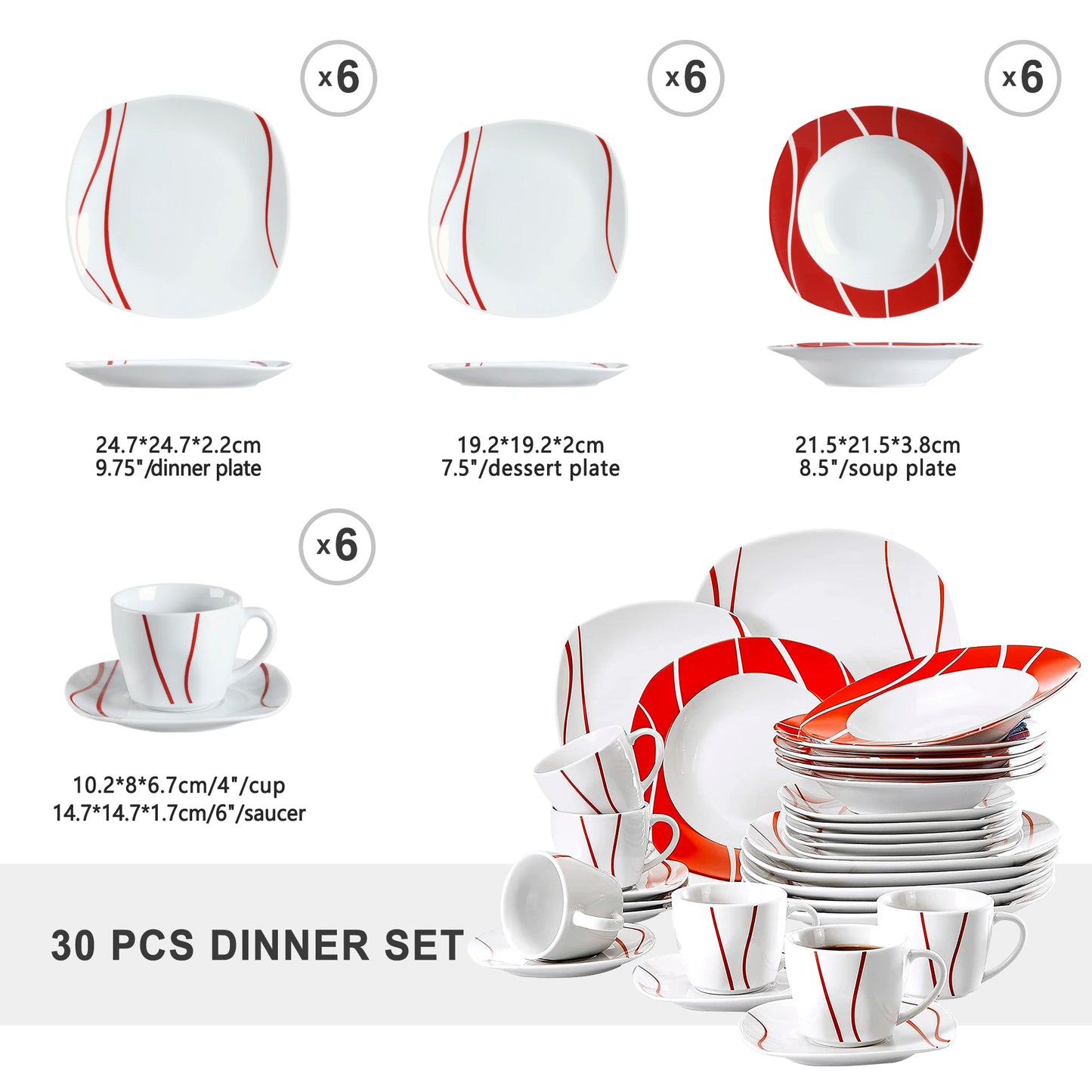 MALACASA Series Felisa 30 Piece Red Stripes Ivory White Porcelain Dinner Set