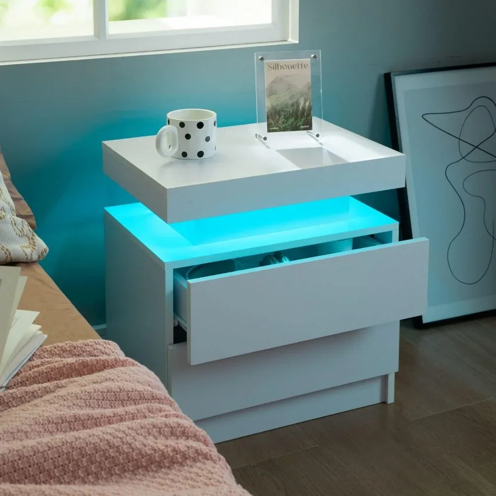 Nightstand Set of 2, LED Nightstands with 2 Drawers for Bedroom Furniture, Side Bed Table with LED Light