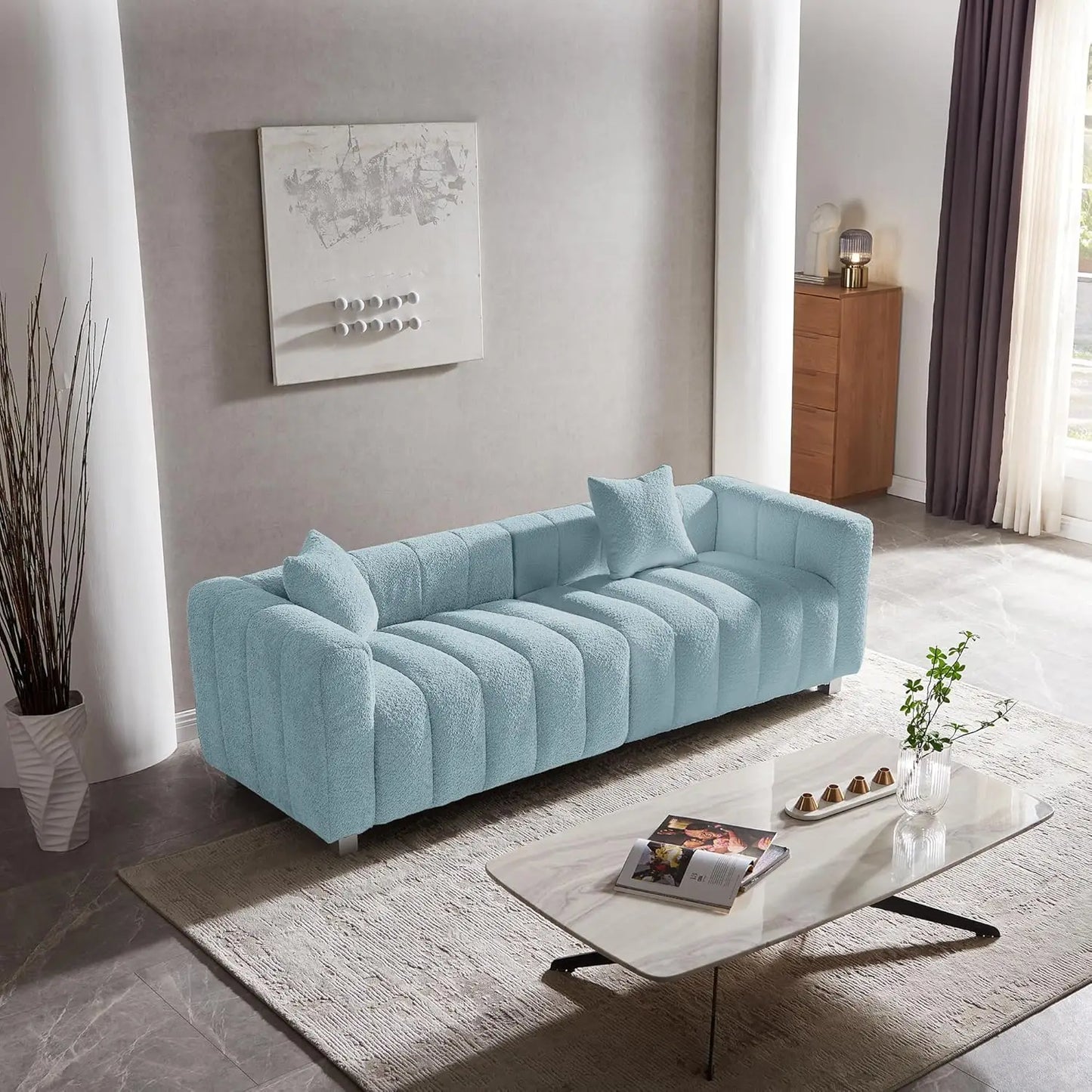 Modern Sofa Bubble Couch with 2 Pillows, Premium Teddy Velvet 3-Seater Couch, Fluffy Loveseat Sofa