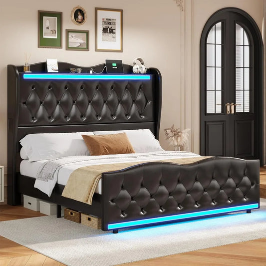 Queen Size Bed Frame Tall Headboard with LED Lights & Charging Station,