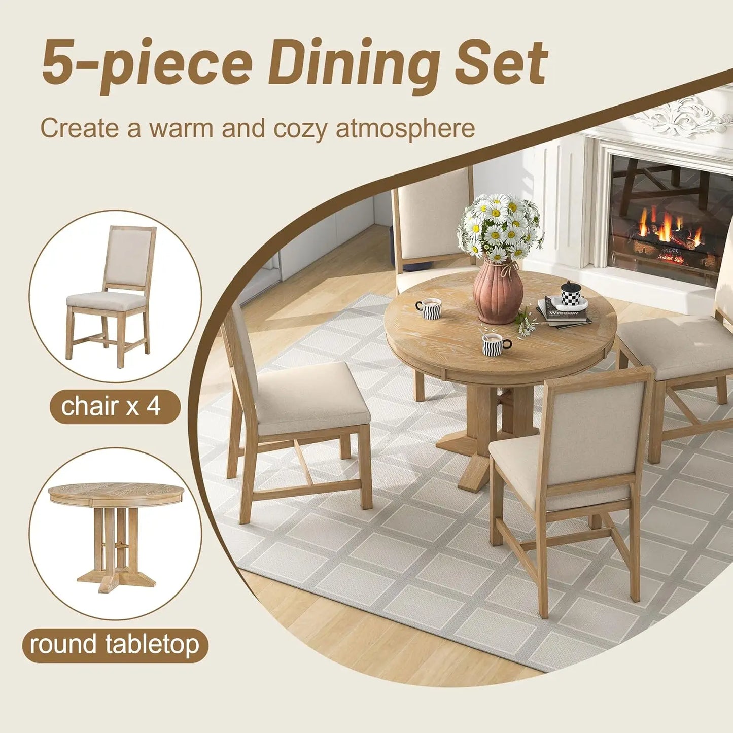 Table and 4 Upholstered Chairs for Kitchen, Living Room, Natural Wood