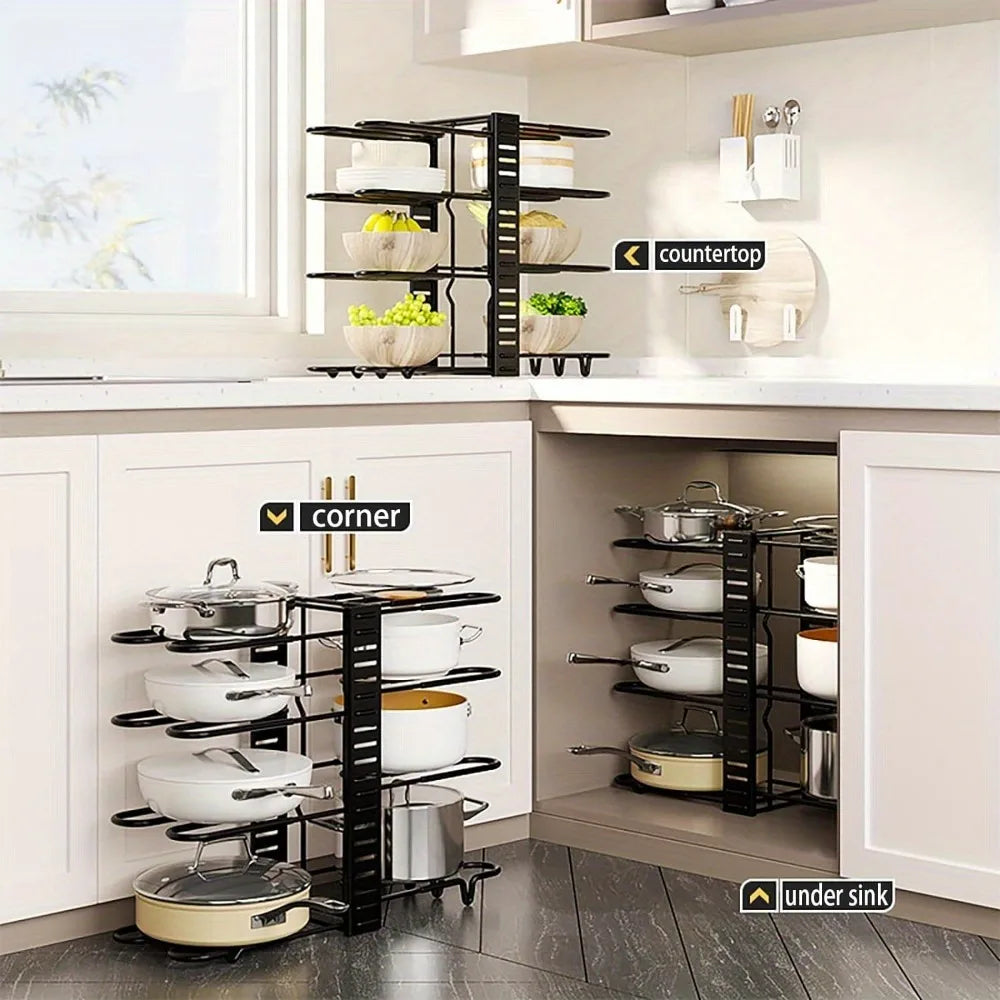 Adjustable Kitchen Pot Rack Organizer Heavy Duty Pan and Pot Holder, Space-Saving Metal Shelf for Cabinet and Countertop Storage