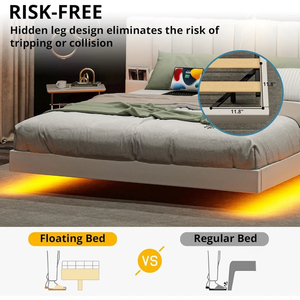 Floating Bed Frame King Size with Wide Padded Headboard & LED Lights & Charging Station, Modern