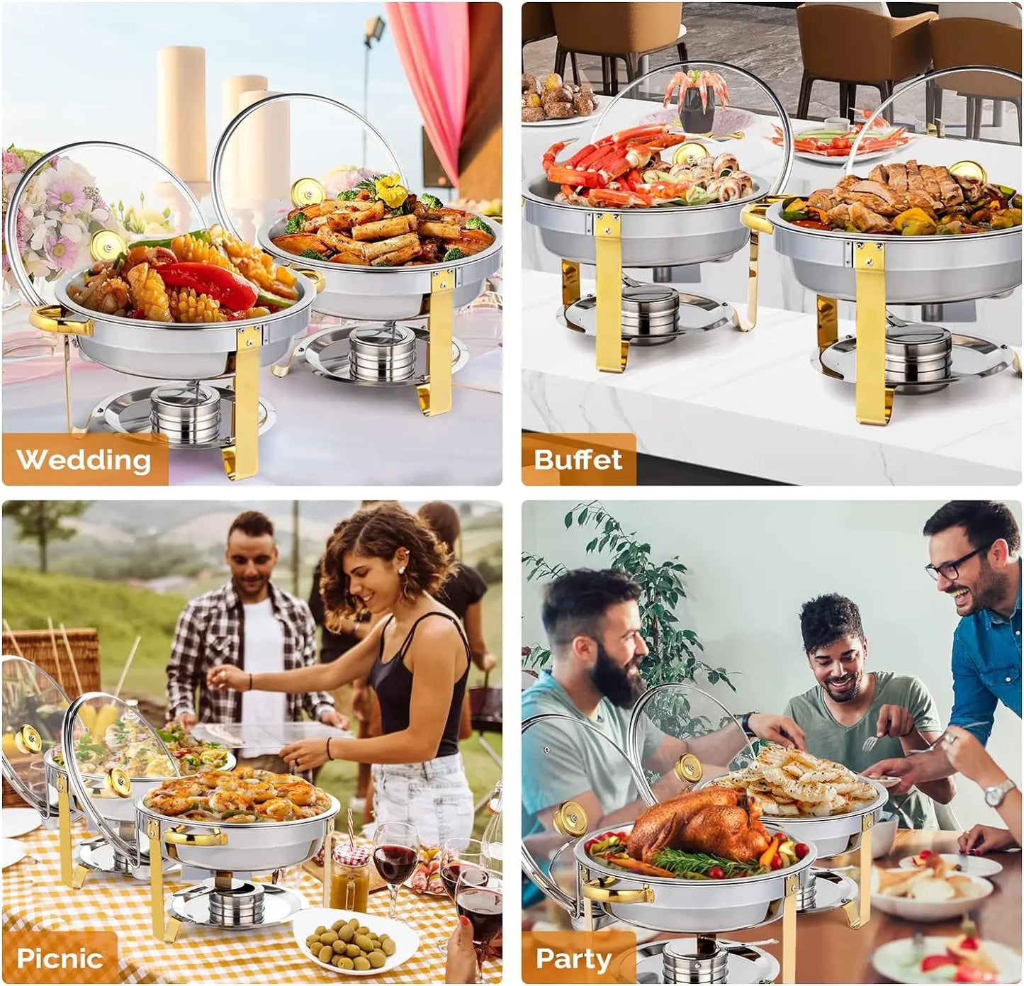 Chafing Dish Buffet Set Gold Accent Round NSF Stainless Steel Warmer Glass Lid Holder Catering Event Partie