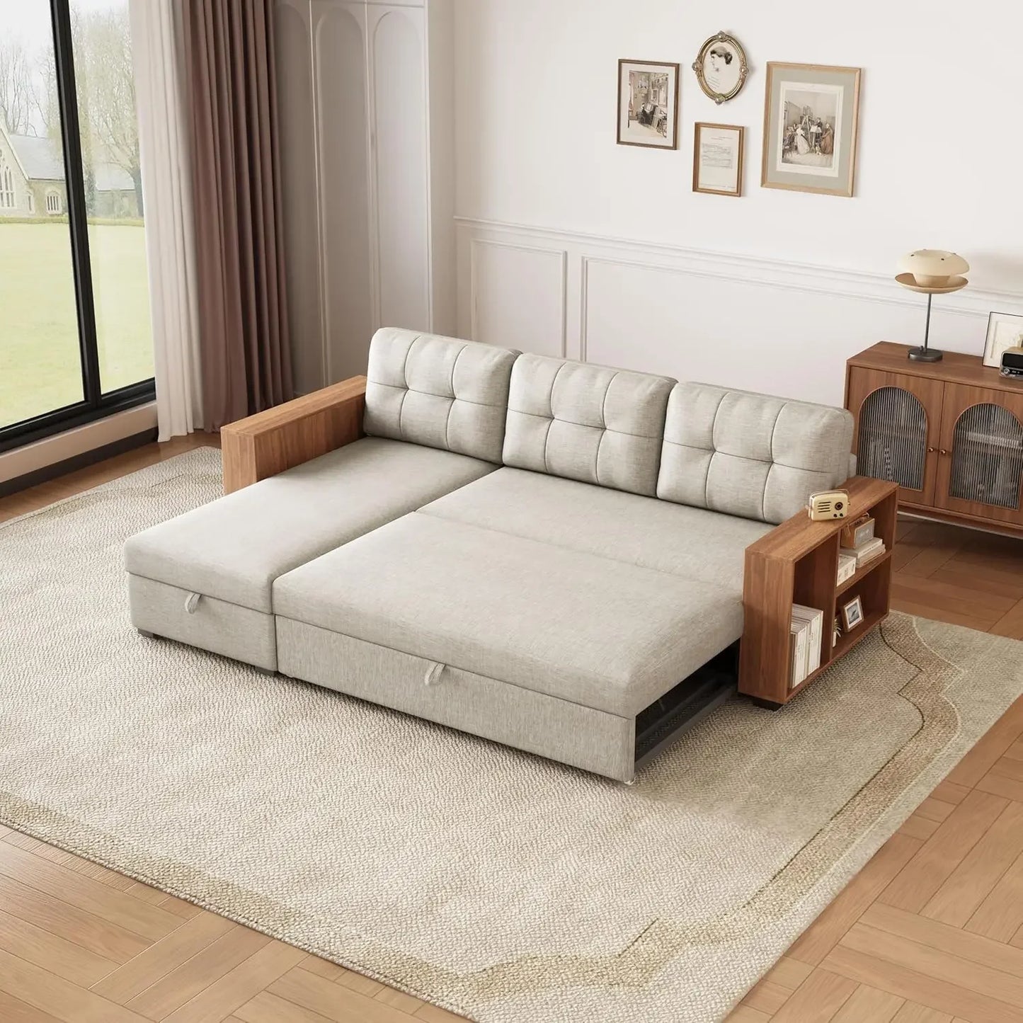 Shaped Pull Out Couch Bed with Storage Chaise, Convertible Sectional Sleeper Sofa