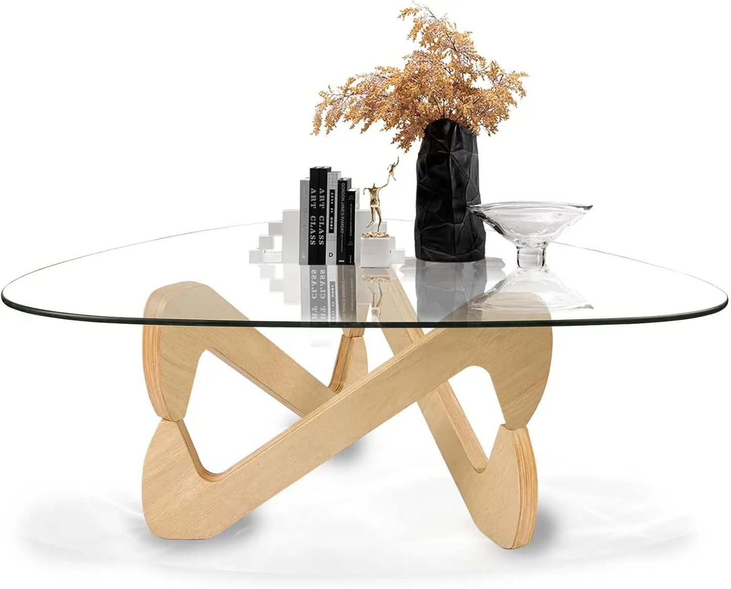 Triangle Coffee Table Glass Coffee Table for Living Room Mid Century Modern Coffee Table with Walnut Base Minimalist Living Room