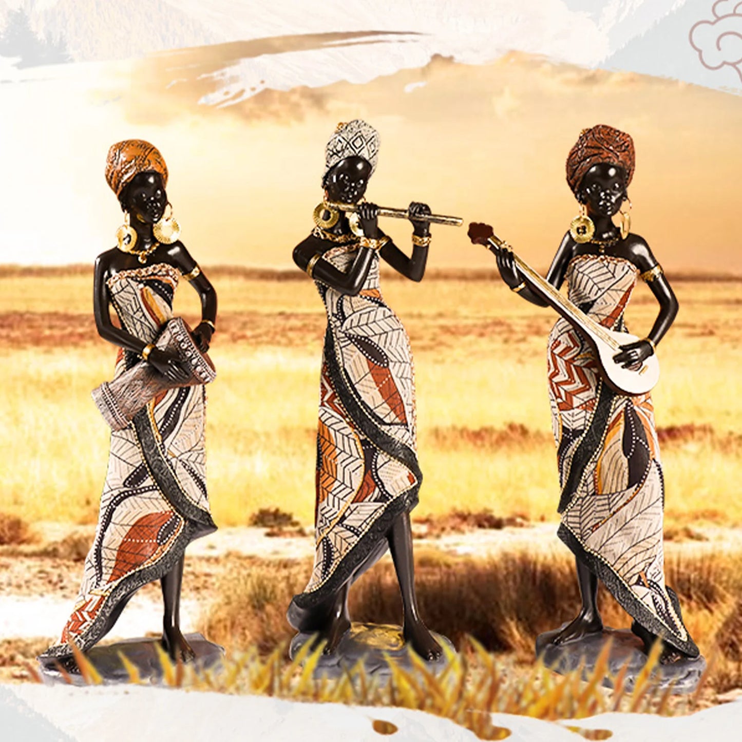 Resin African Tribal Female Figurines Art Black People Musical Instrument Statue Handicrafts Creative Home Decor For Interior