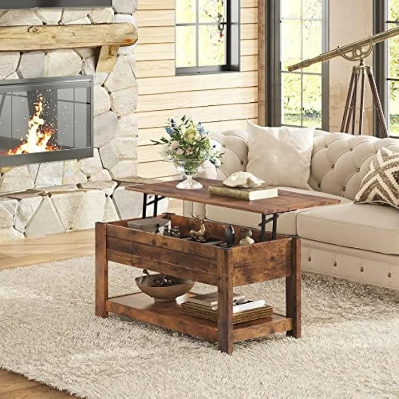 Lift Top Coffee Table,Rustic Coffee Table with Storage Shelf and Hidden Compartment,Wood Lift Tabletop for Home Living Room