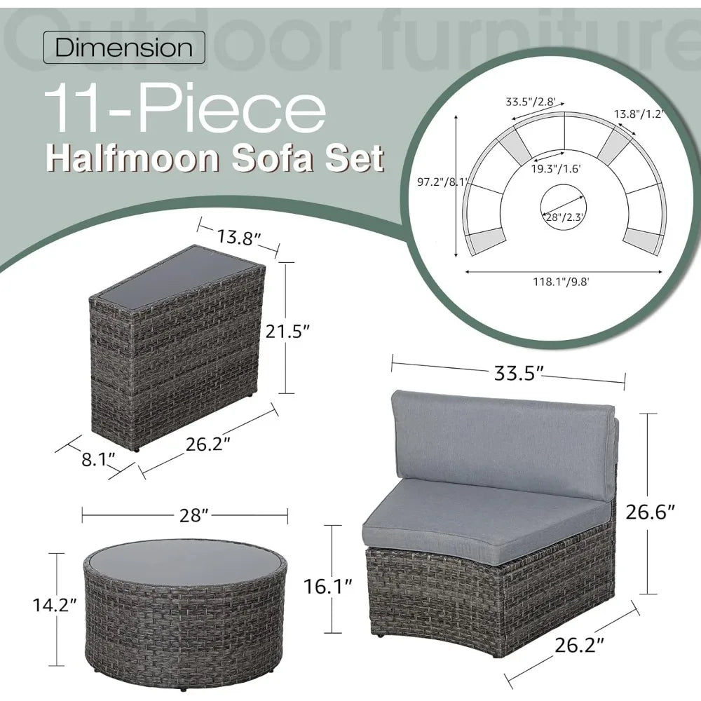 Furniture Sets with Tempered Glass Coffee Table and 4 Pillows, Half-Moon Sectional Round Set Curved Sofa Sets