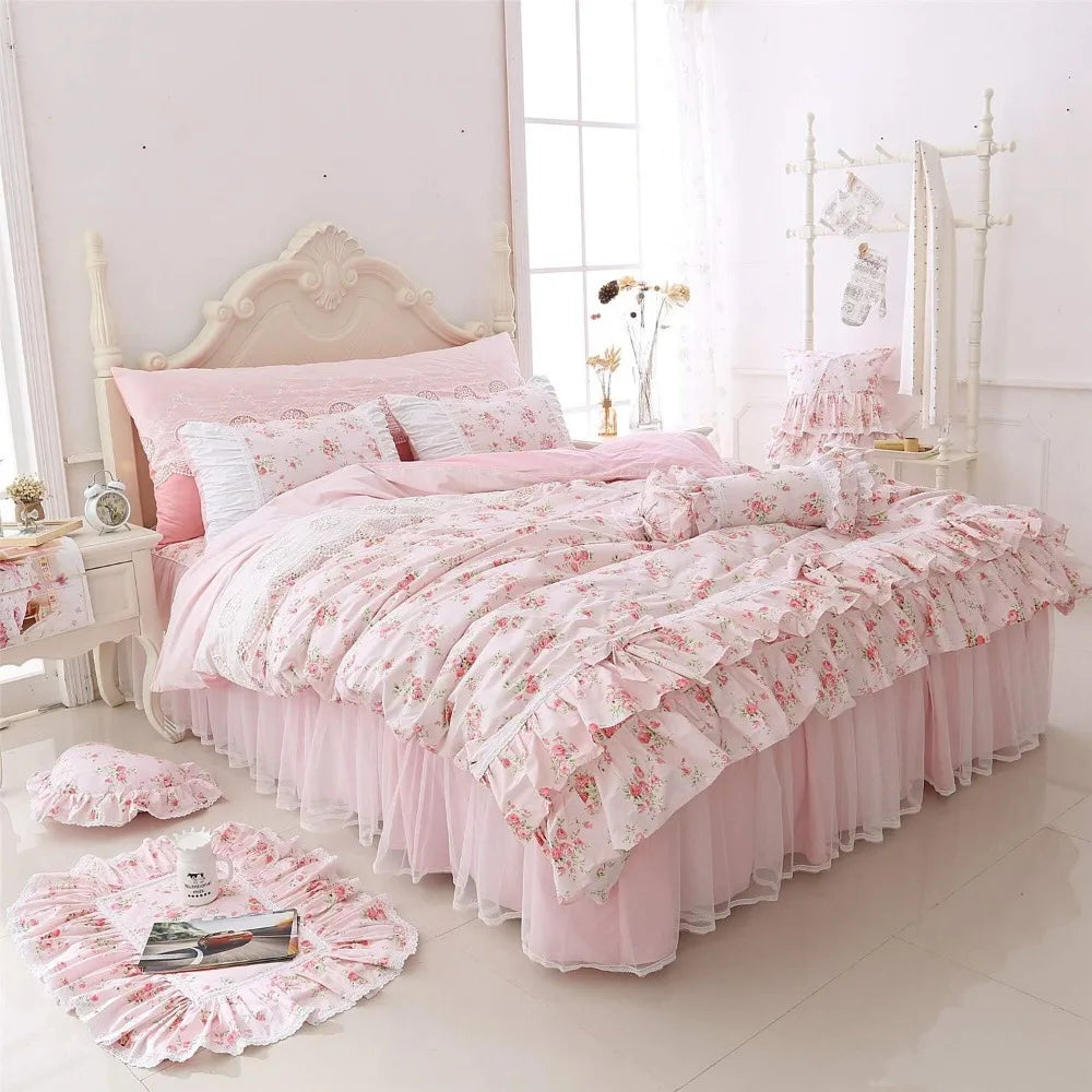 LELVA Romantic Roses Print Duvet Cover Set with Bed Skirt Pink Lace Ruffle Floral